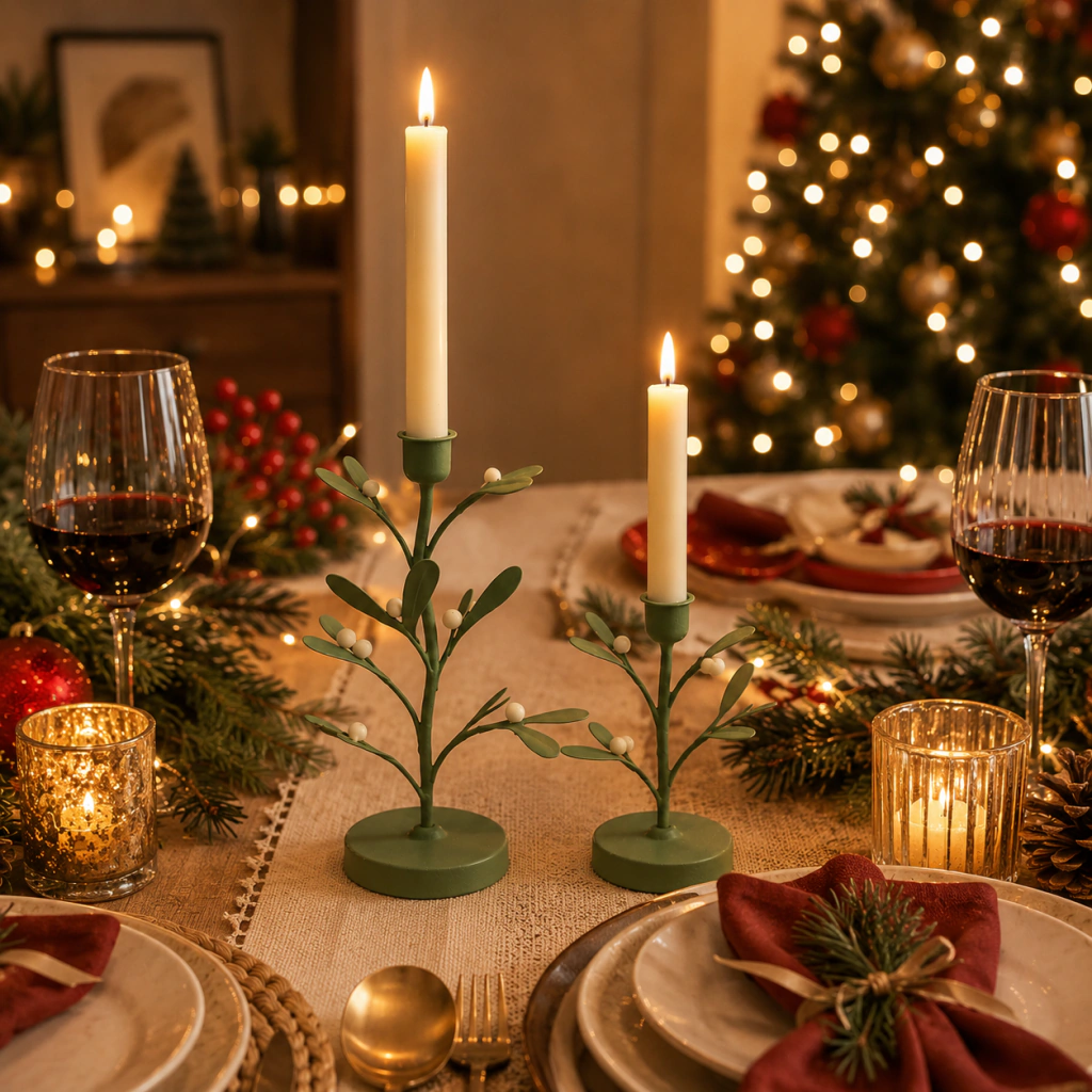 Candelabro decorativo con diseño de hojas verdes y velas encendidas sobre una mesa navideña elegantemente ambientada con copas de vino, platos y luces cálidas.