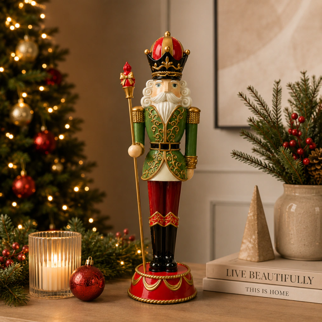 Figura de soldado de cascanueces verde con bastón rojo y dorado, decorado con detalles dorados, sobre base roja, en un ambiente navideño con árbol iluminado y decoración de mesa