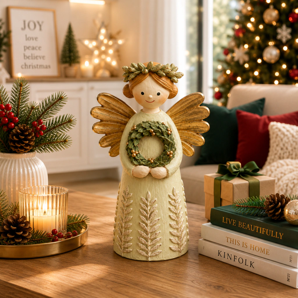 Figura de ángel natural decorativo con corona y corona de hojas verdes, alas doradas, sobre mesa de madera en ambiente navideño con árbol y luces de fondo