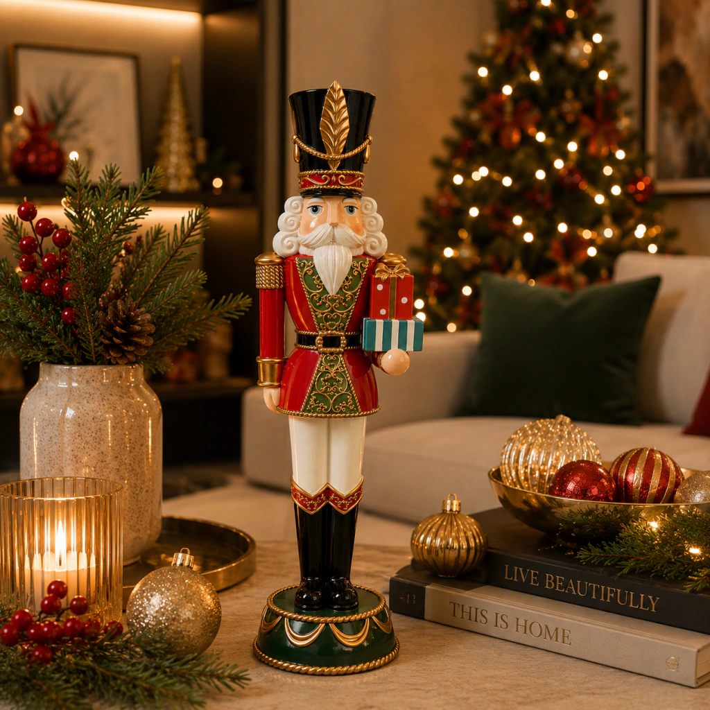 Soldado de cascanueces rojo con detalles dorados sosteniendo regalos, decorado con elementos navideños sobre mesa en sala con árbol de Navidad iluminado