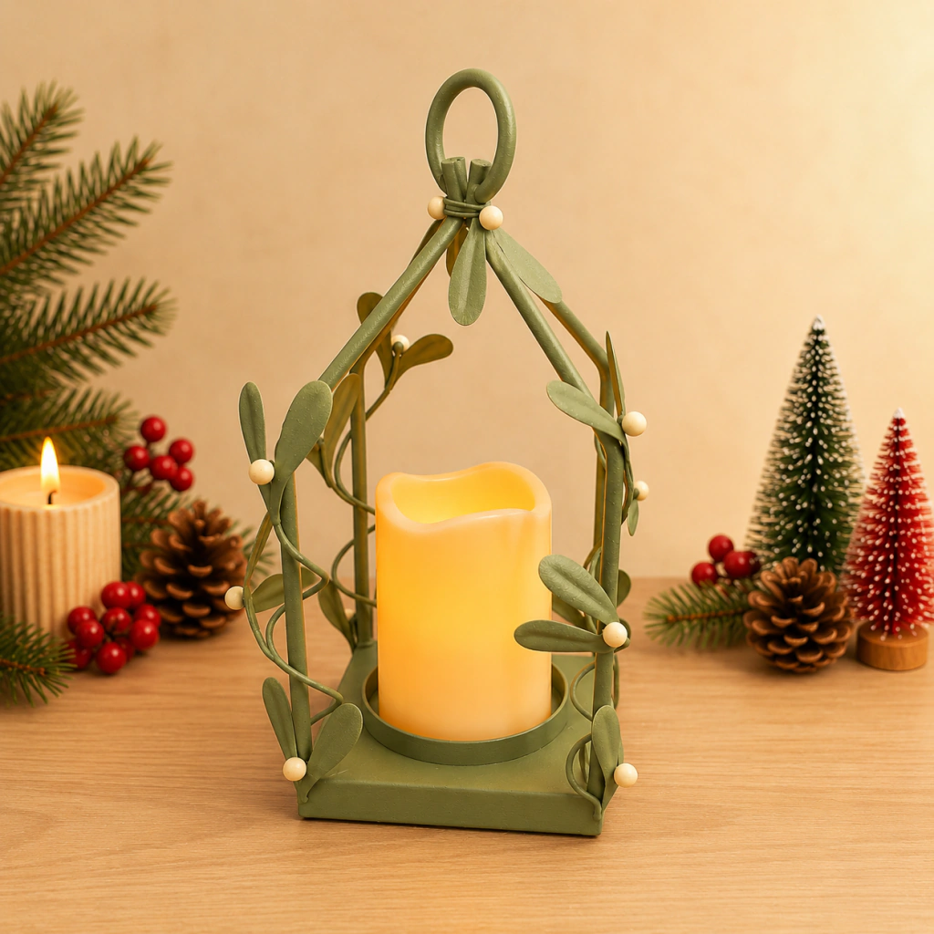 Farol verde con diseño de hojas y perlas blancas, con vela amarilla encendida en su interior, sobre una mesa de madera con decoración navideña de pinos, piñas y frutos rojos.