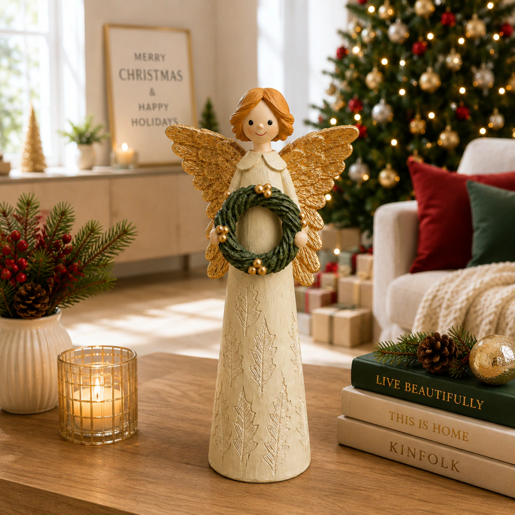 Figura decorativa de un ángel con corona verde y alas doradas sobre una mesa, con decoración navideña de fondo