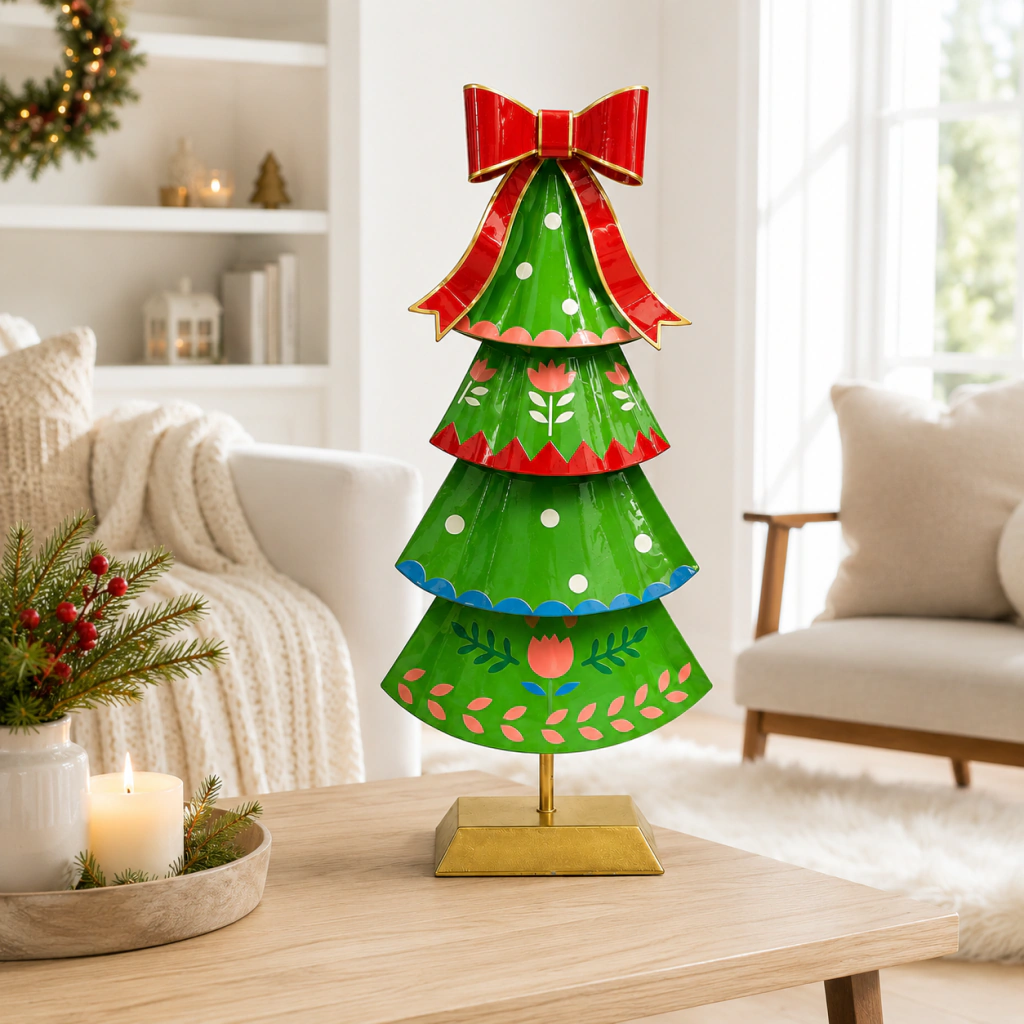 Árbol navideño de metal decorativo con moño rojo brillante, pintado en verde con detalles florales y puntos blancos, sobre base dorada en una mesa de madera