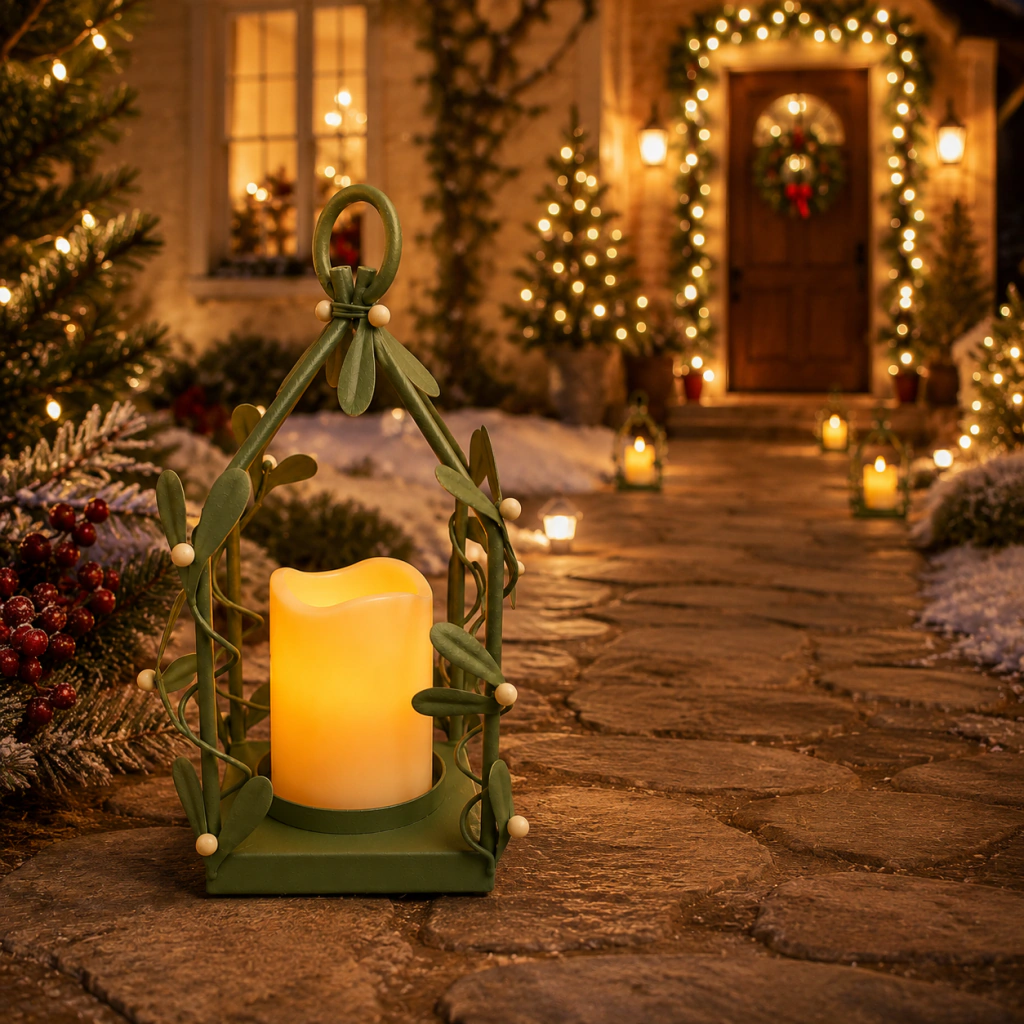 Farol verde decorativo con vela encendida colocado sobre un camino de piedra iluminado, rodeado de decoración navideña con luces y plantas en un ambiente exterior nocturno