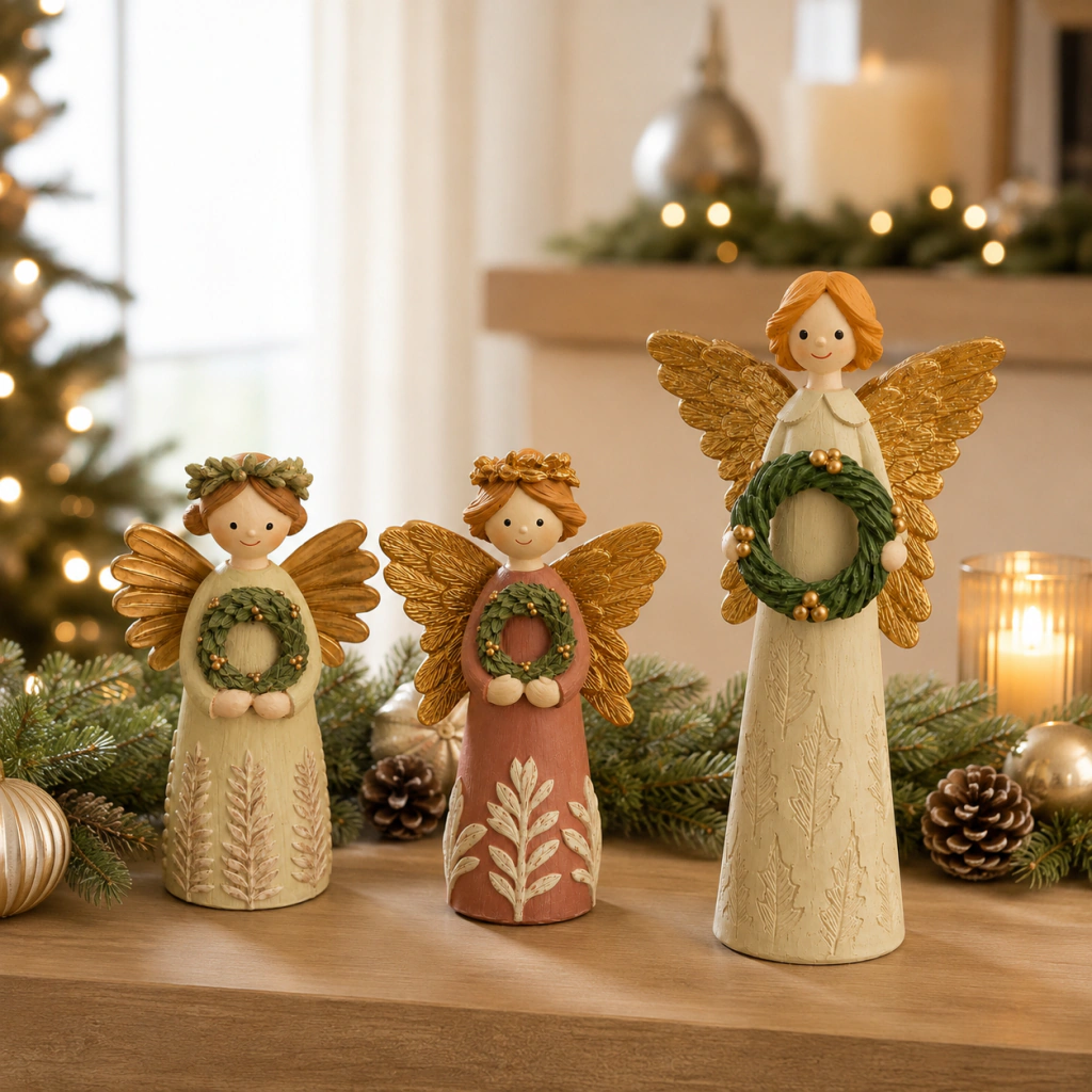 Figuras decorativas de ángeles navideños con coronas verdes y alas doradas sobre una mesa de madera con decoración festiva de pinos, piñas y luces cálidas