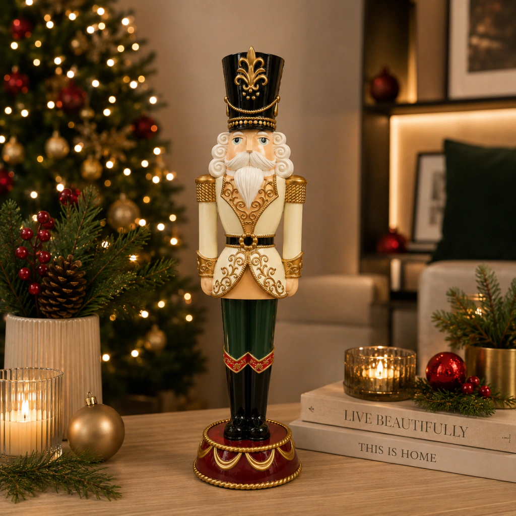 Figura decorativa de soldado de cascanueces elegante en tonos ivory, negro y verde, sobre mesa de madera con decoración navideña y árbol de navidad iluminado al fondo