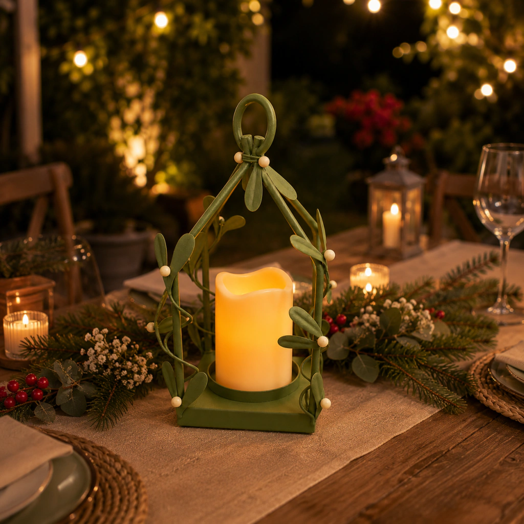 Farol decorativo verde con vela encendida en una mesa de madera adornada con ramas y flores, ambientación nocturna