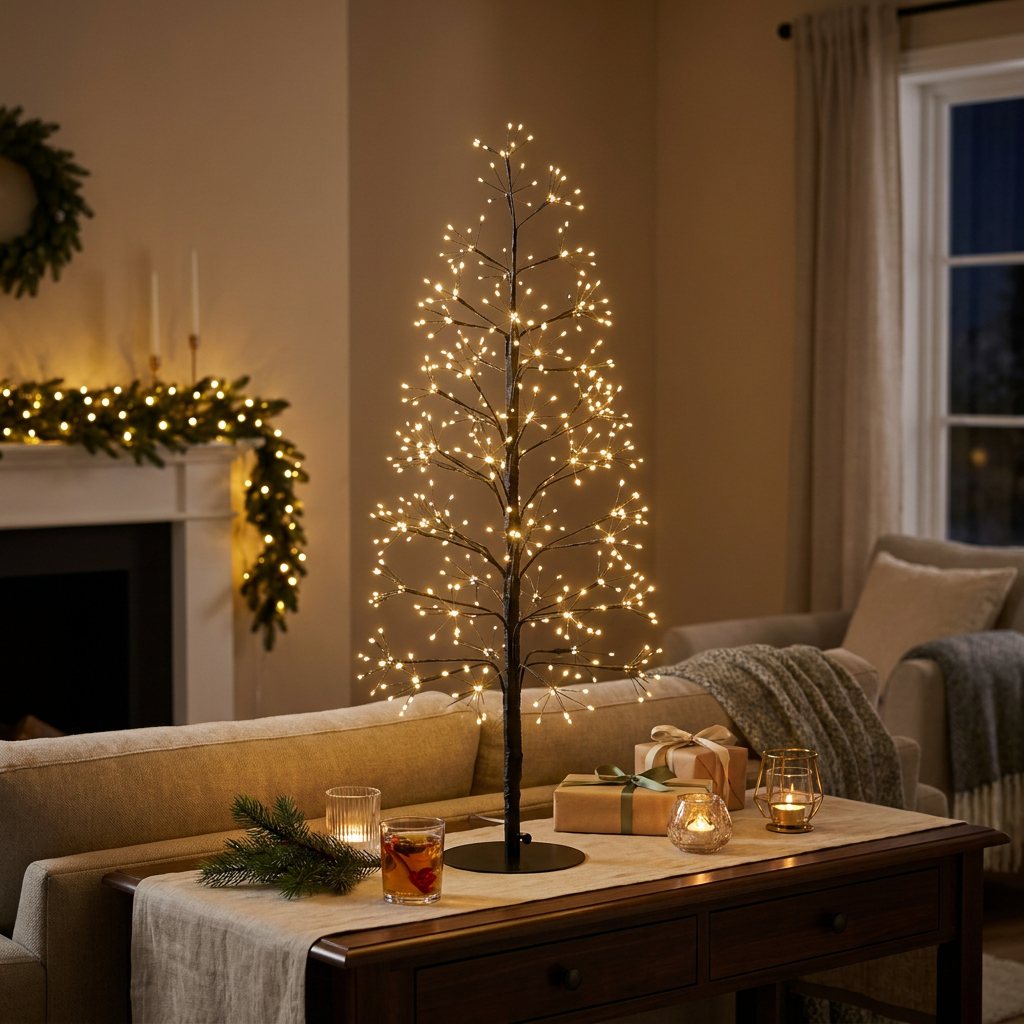 Árbol de luces cálidas en el living, junto a la chimenea con guirnaldas