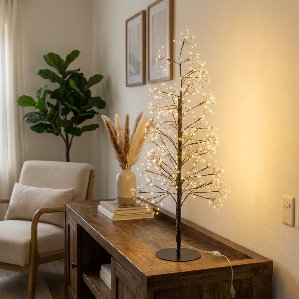 Árbol Led 380 Luces sobre una consola de madera en el recibidor
