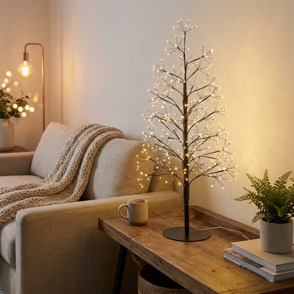 Árbol Led de luz cálida en un rincón de lectura junto al sillón
