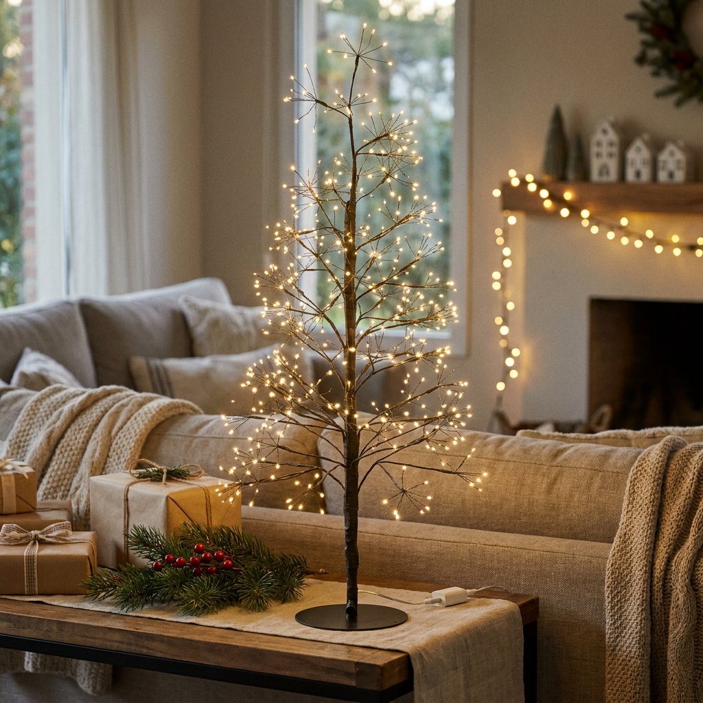Árbol de luces cálidas sobre un aparador junto al sillón, decorado para Navidad
