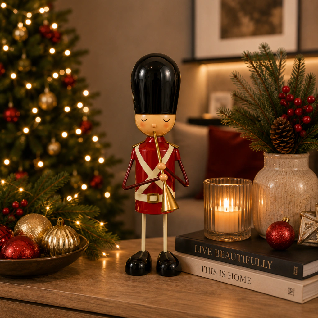 Figura decorativa de soldado inglés con flauta en ambiente navideño con árbol de Navidad iluminado y decoración festiva