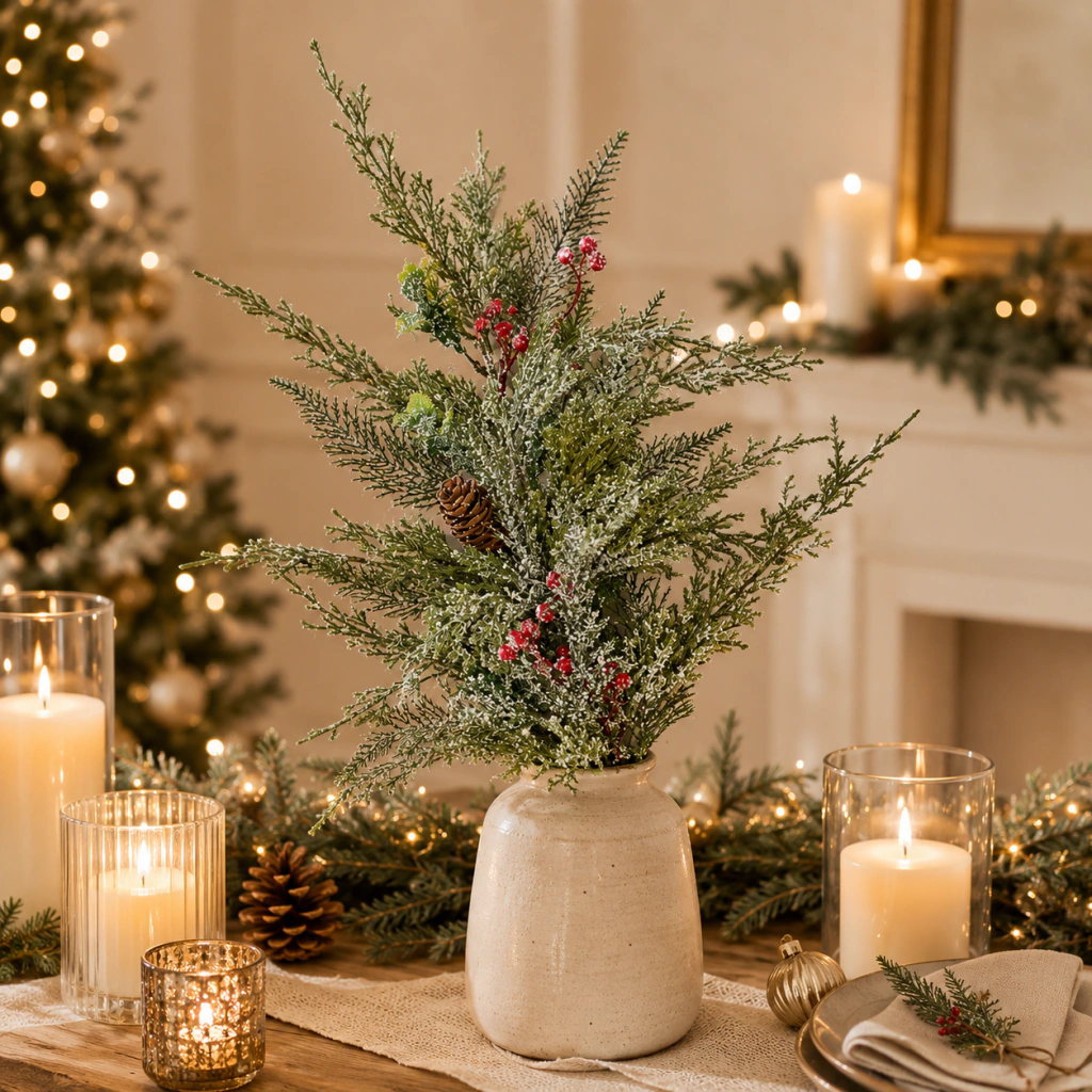 Rama de pino navideña artificial de 73 cm con piñas y berries rojas en jarrón beige, decorada con velas y adornos navideños