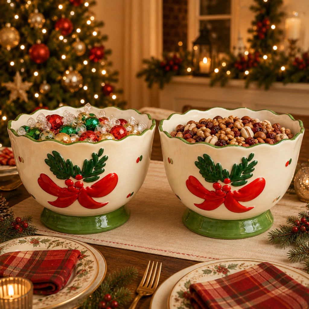 Bowl navideño con base verde decorado con lazo rojo y hojas verdes, lleno de frutos secos y otro bowl con caramelos y esferas navideñas, sobre mesa decorada para Navidad.