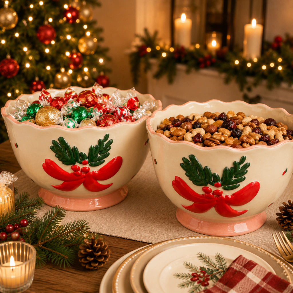 Bowl navideño con base rosa decorado con moño rojo y hojas verdes, lleno de chocolates y frutos secos, sobre una mesa festiva con decoración navideña y luces cálidas.