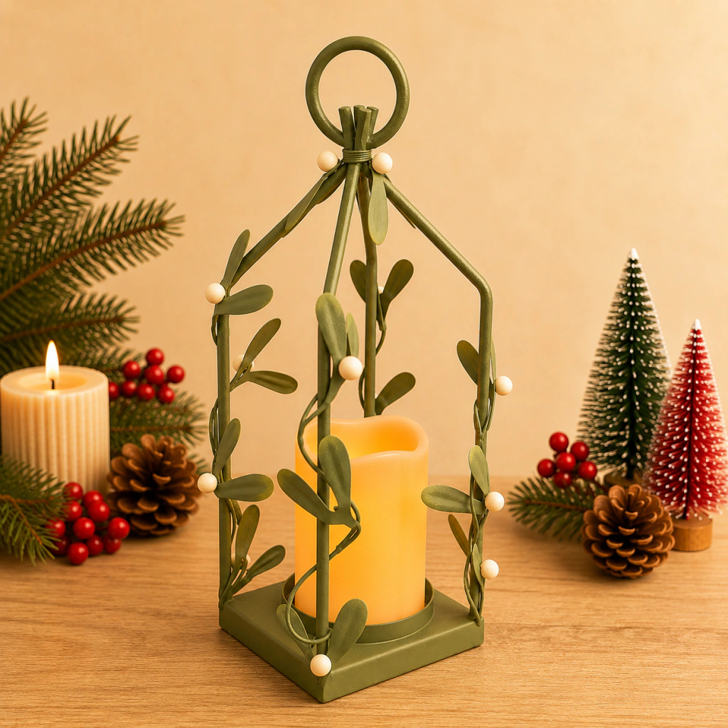 Farol decorativo verde con diseño de hojas y perlas blancas, con una vela amarilla encendida en su interior, sobre una mesa de madera junto a decoraciones navideñas como piñas, ramas de pino y pequeños árboles de colores rojo y verde
