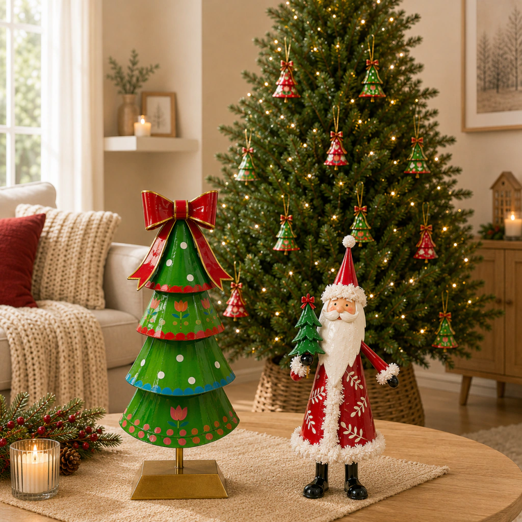 Adorno navideño de Santa Claus en metal rojo con árbol verde decorativo, sobre una mesa de madera en un ambiente hogareño con árbol de Navidad iluminado al fondo.