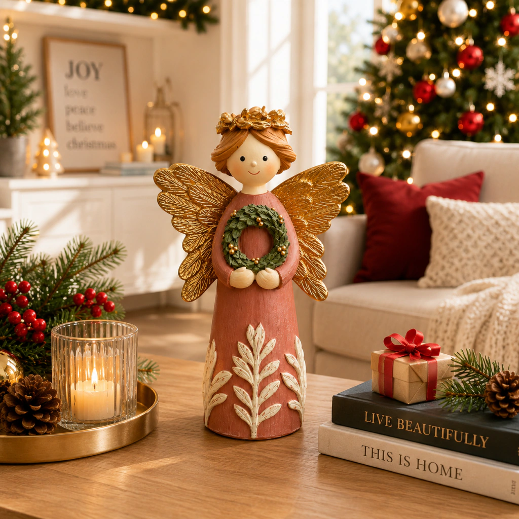Figura decorativa de ángel rosa con alas doradas y corona de flores, sosteniendo una corona navideña, sobre una mesa de madera en un ambiente navideño