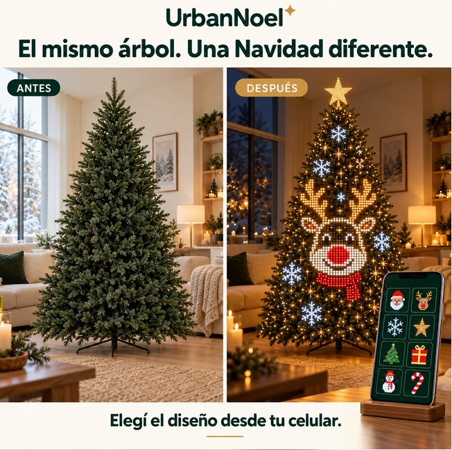 El mismo árbol antes y después: apagado y luego con las luces inteligentes formando un reno