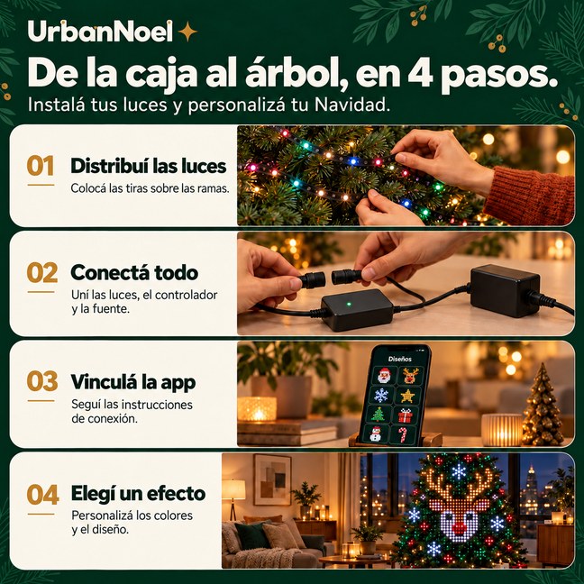 De la caja al árbol en 4 pasos: distribuí las luces, conectá todo, vinculá la app y elegí un efecto
