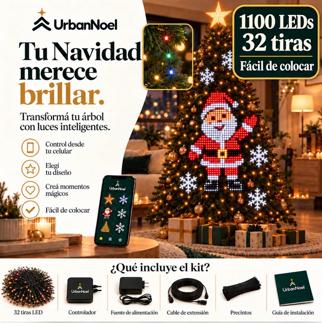 Tu Navidad merece brillar: árbol con 1100 LEDs en 32 tiras, fáciles de colocar, formando a Papá Noel y copos de nieve, controladas desde la app del celular, y el contenido del kit