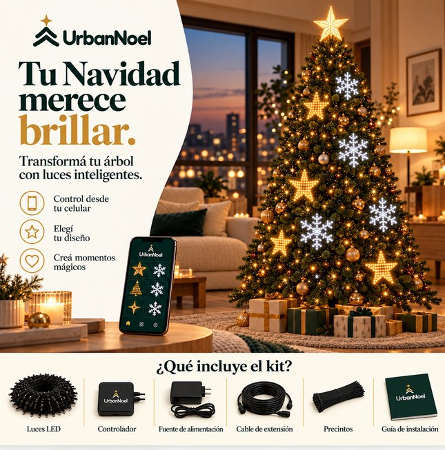 Árbol de Navidad con luces inteligentes UrbanNoel que forman estrellas y copos de nieve, controladas desde la app